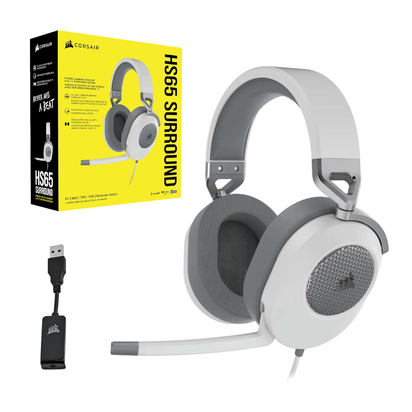 Corsair HS65 SURROUND Wired Gaming Headset — White (AP)