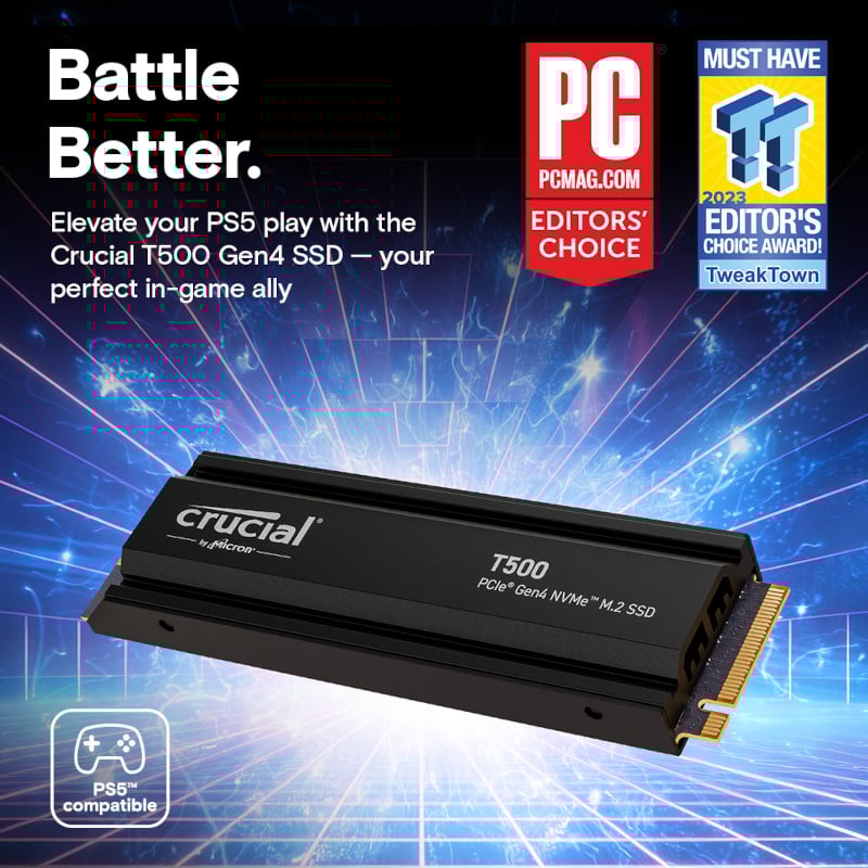 Crucial T500 1TB M.2 NVMe Gen4 with Heatsink NAND SSD