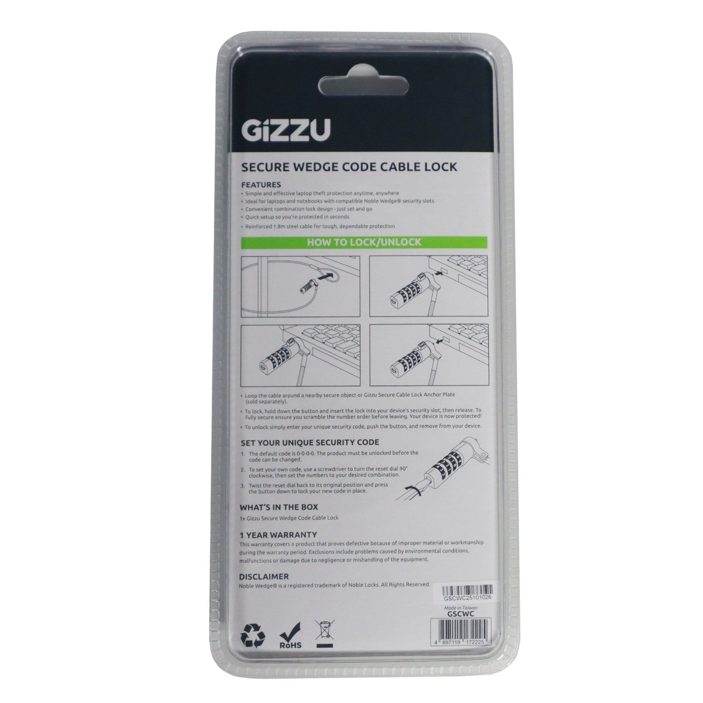 Gizzu Secure Wedge Code Cable Lock 1.8m