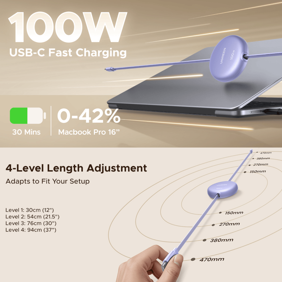 UGREEN 100W Fast Charging Retractable USB Type-C Cable 1M - Purple