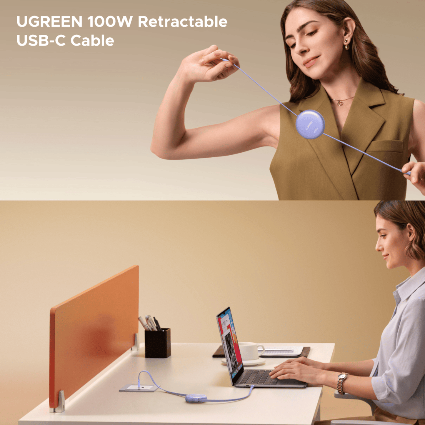 UGREEN 100W Fast Charging Retractable USB Type-C Cable 1M - Purple