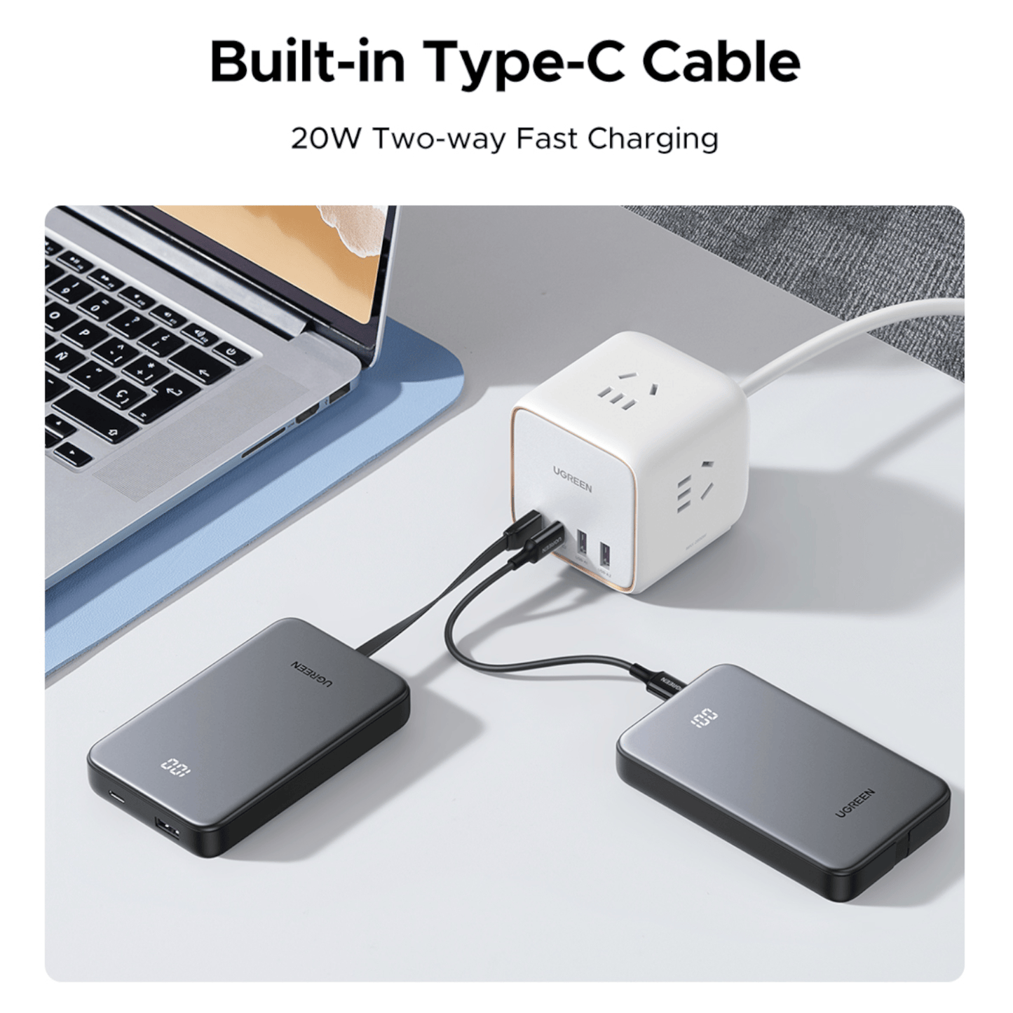UGREEN 10000mAh 20W Power Bank with Built-in Cable