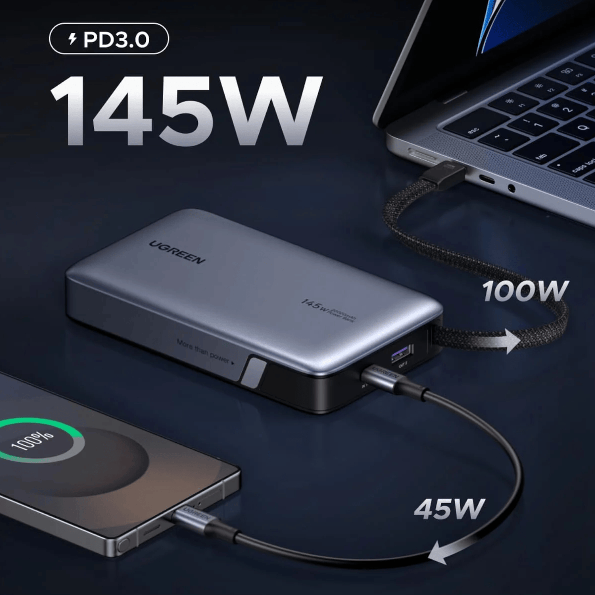 UGREEN Nexode 145W 20000mAh  Power Bank with built-in USB Type-C Cable