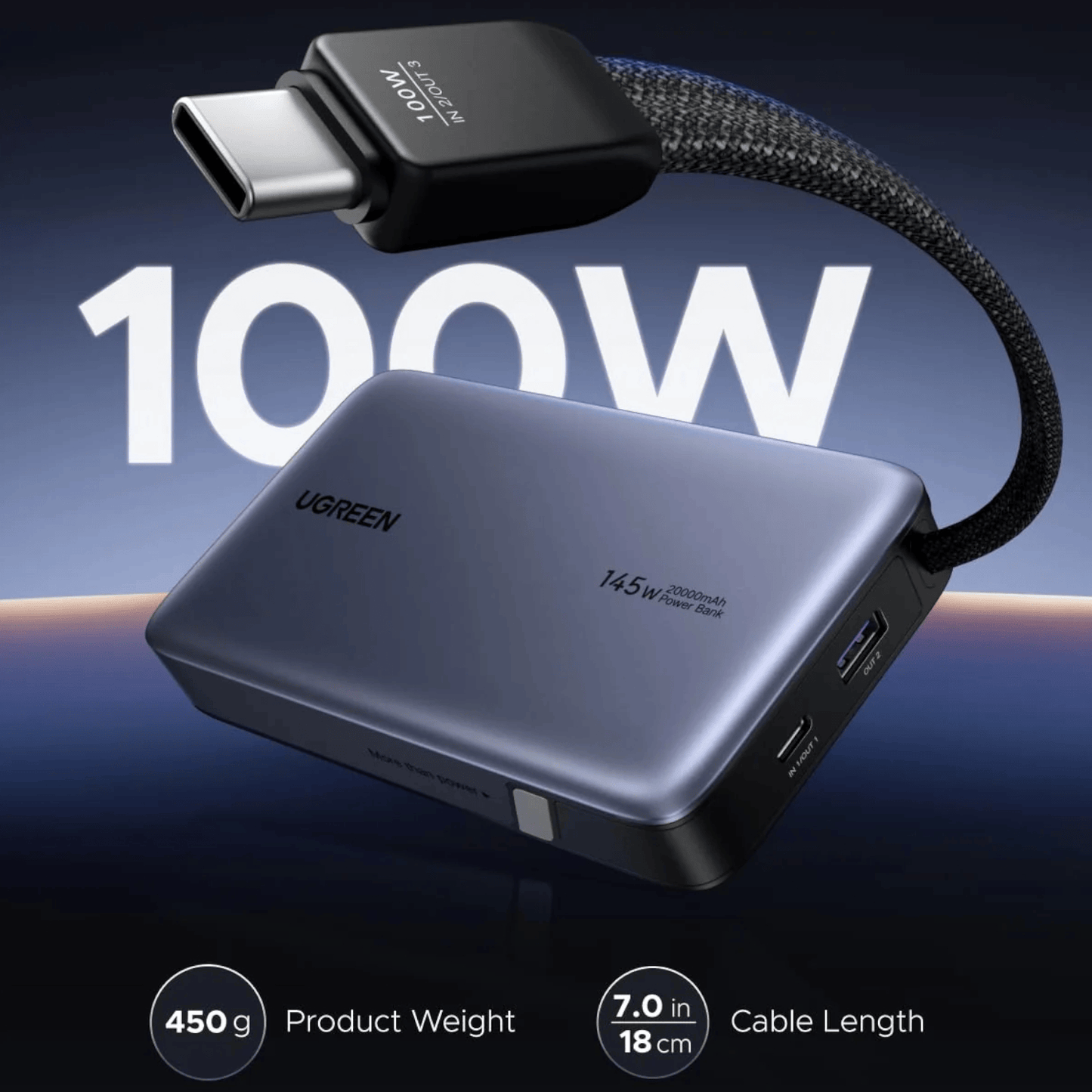 UGREEN Nexode 145W 20000mAh  Power Bank with built-in USB Type-C Cable